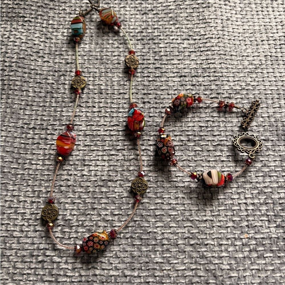 Multicolor Bead and Floral Accent Necklace and Bracelet Set